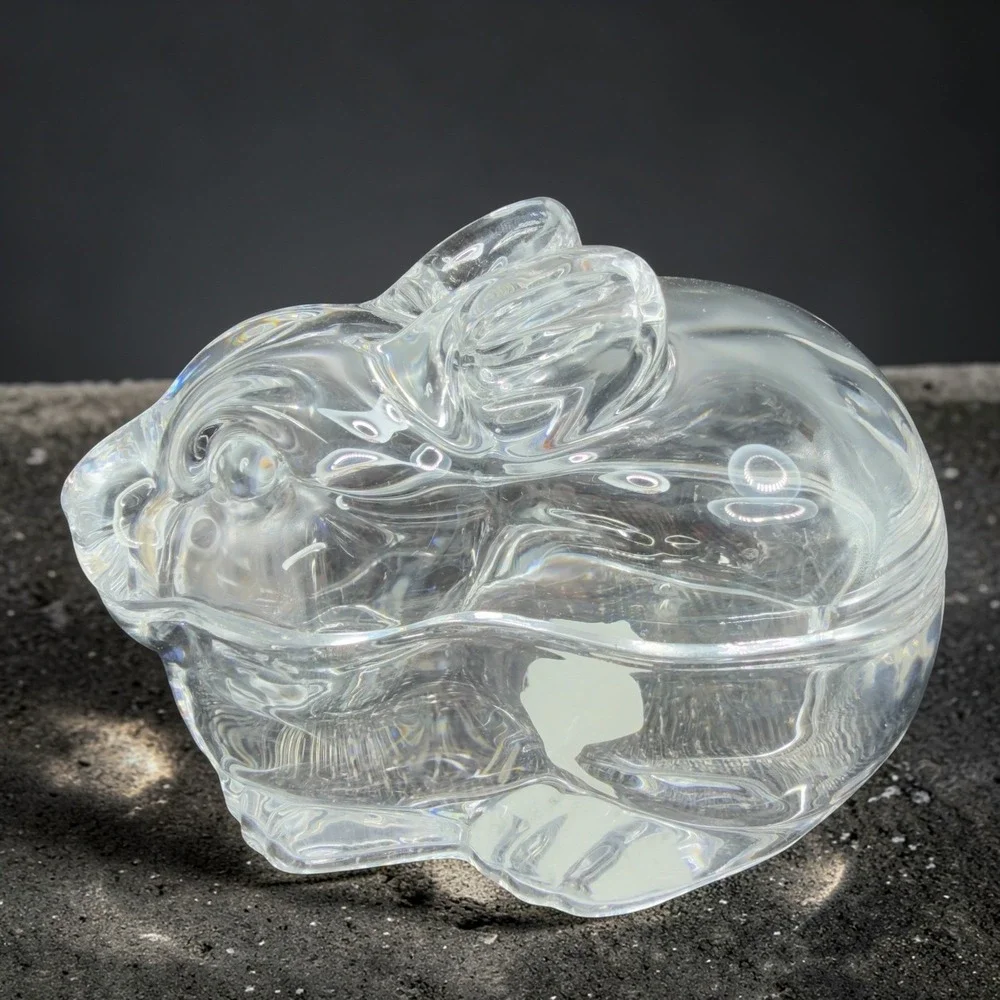 Crate & Barrel Clear Glass Covered Bunny Rabbit Candy Dish‎ Trinket Box NEW